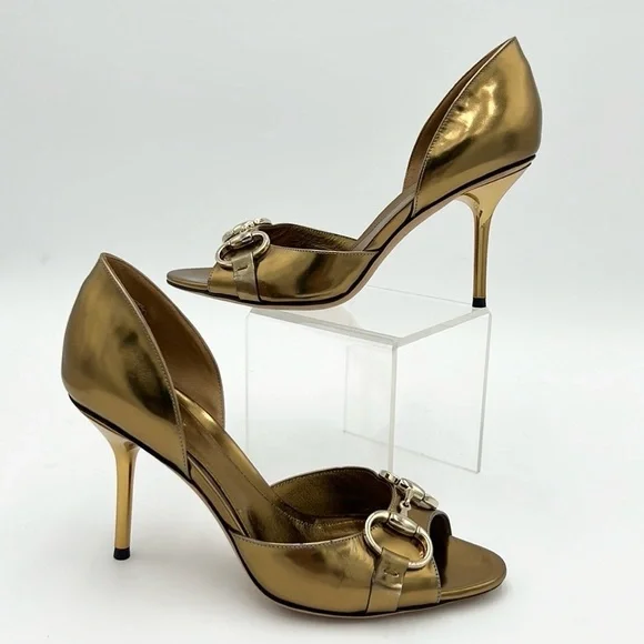 GUCCI WOMEN’S HORSE BIT OPEN TOE GOLD HEEL SZ 5.5 B - Picture 3 of 10